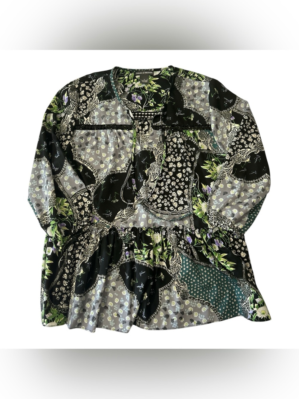 Chelsea & Theodore Black Floral Patchwork Blouse Sz S